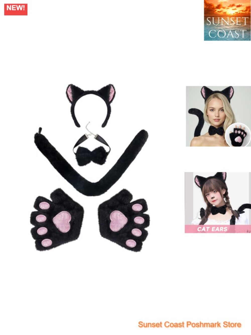 Plush Cat Cosplay Costume Set Ears Tail Paws Bow Tie Halloween Party